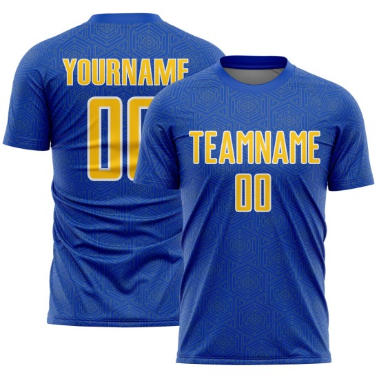 Soccer Jersey Geometric Uniform Shape Sublimation Sports Blue Thunder Yellow-White Custom